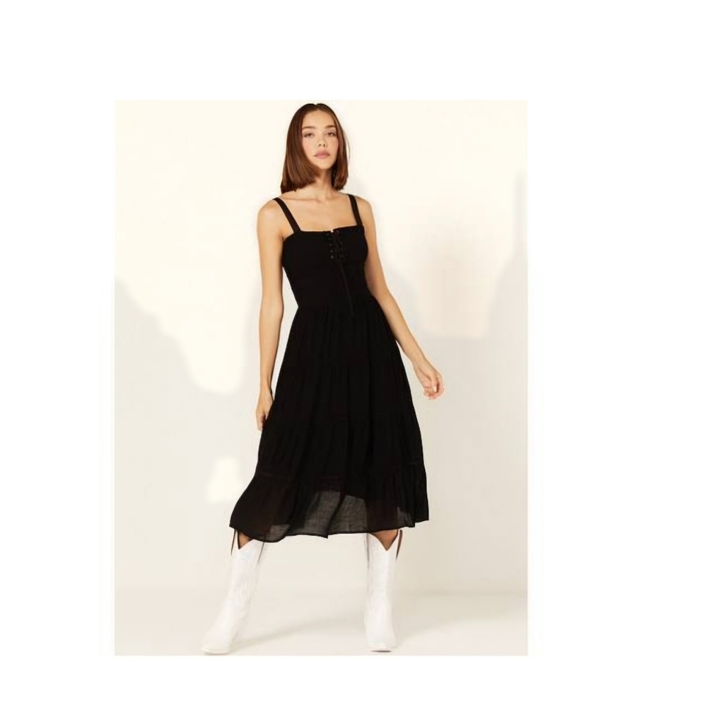 Sleeveless Corset Tiered Black Midi Dress